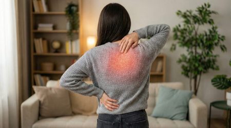 Людина відчуває біль між лопатками і тримається за спину
