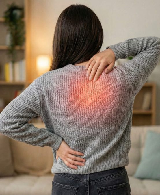 Людина відчуває біль між лопатками і тримається за спину