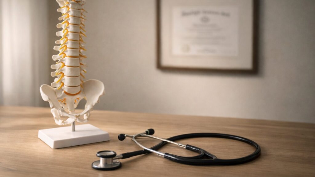Робочий стіл остеопата Миколи Шимчишина з моделлю хребта, що символізує науковий підхід до реабілітації.