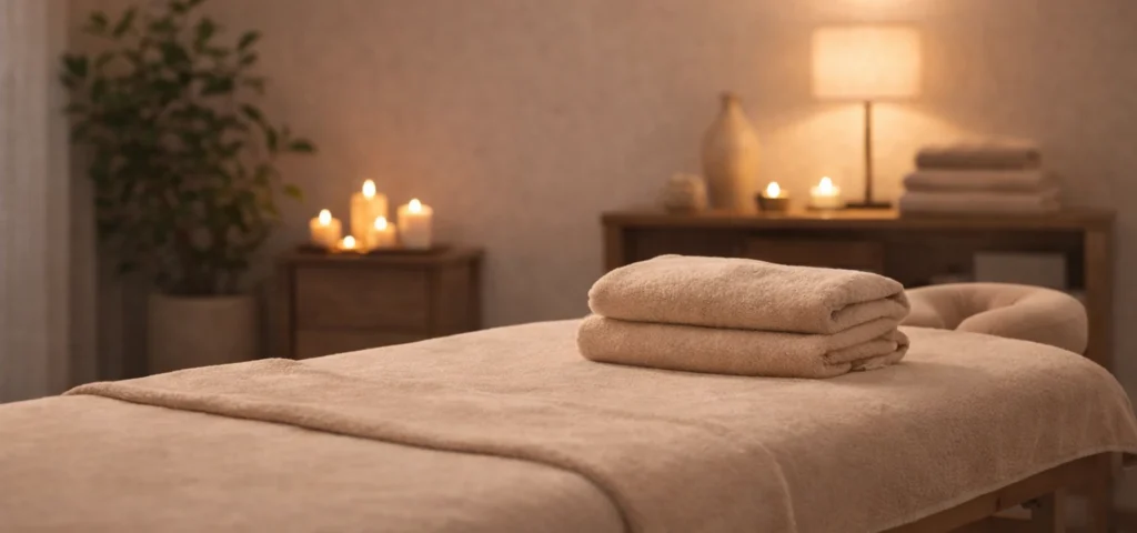 Інтер'єр масажного кабінету в Києві зі свічками та затишною атмосферою.