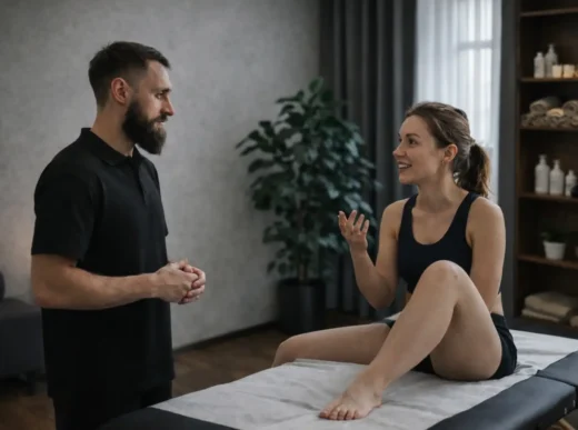 Остеопат Микола Шимчишин проводить опитування пацієнтки під час консультації у Києві