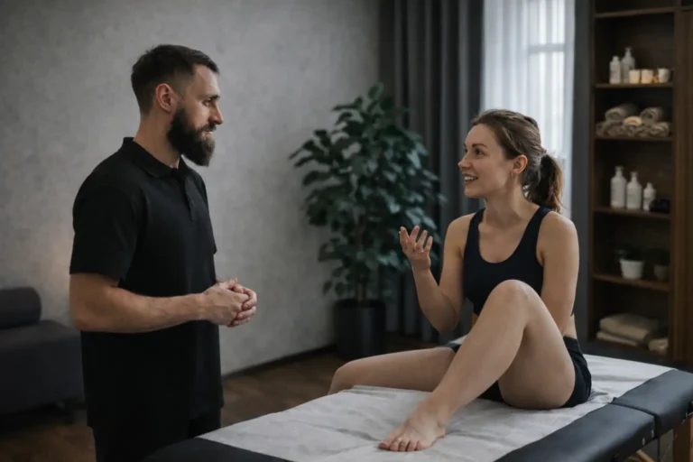 Остеопат Микола Шимчишин проводить опитування пацієнтки під час консультації у Києві