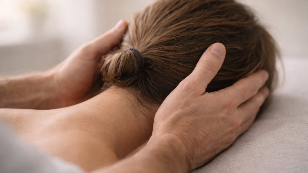 Робота остеопата з кістками черепа жінки для гармонізації ритмів організму та глибокого розслаблення.