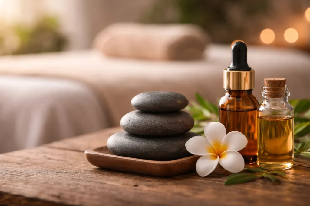 Натуральні ефірні олії та гаряче каміння для антистресової терапії в Harmony Life.