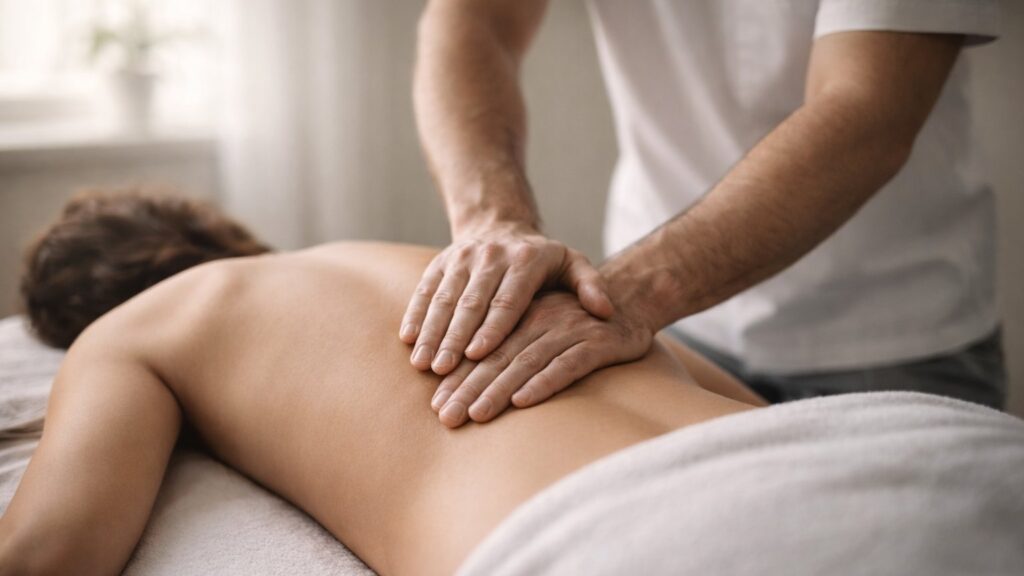 Руки остеопата Миколи Шимчишина на спині пацієнта під час сеансу відновлення хребта.