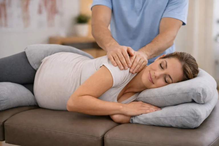 Остеопат Микола Шимчишин проводить підготовку вагітної до пологів у Києві.