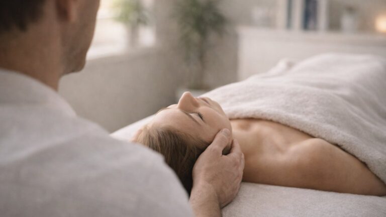 Остеопатична корекція СНЩС: Микола Шимчишин допомагає пацієнтці зняти напругу щелепи перед встановленням брекетів.