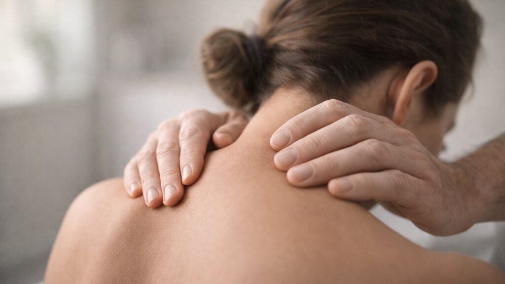 Остеопатична корекція шиї та плечей пацієнтки в кабінеті Миколи Шимчишина для зняття болю та затисків.