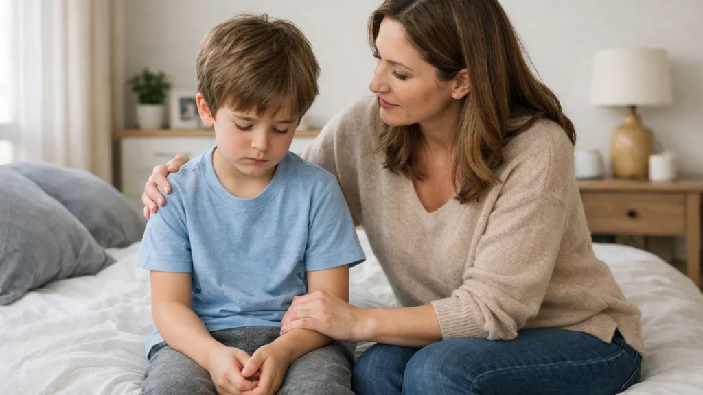 дитина з ознаками енурезу сидить на ліжку із захисною пелюшкою