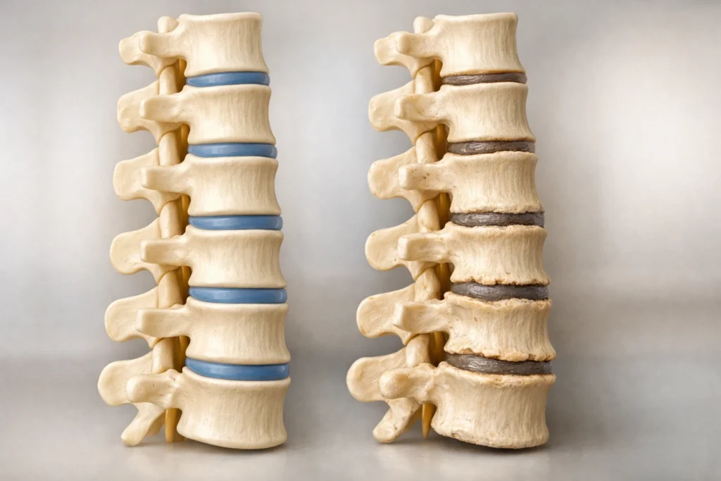 порівняння здорового хребта і остеохондрозу міжхребцевих дисків