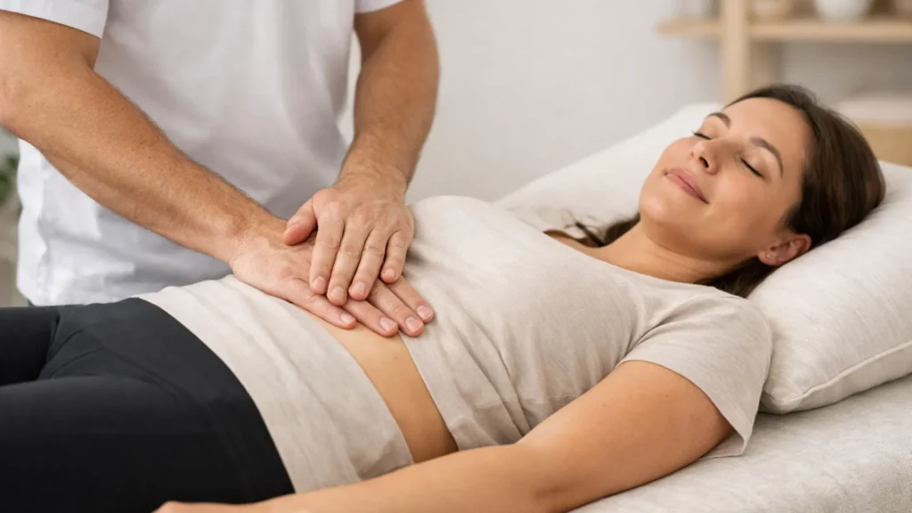 Остеопатична робота з животом для покращення лімфатичного відтоку у жінки