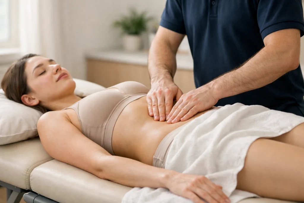 Вісцеральна остеопатична робота з нижньою частиною живота для покращення роботи сечостатевої системи